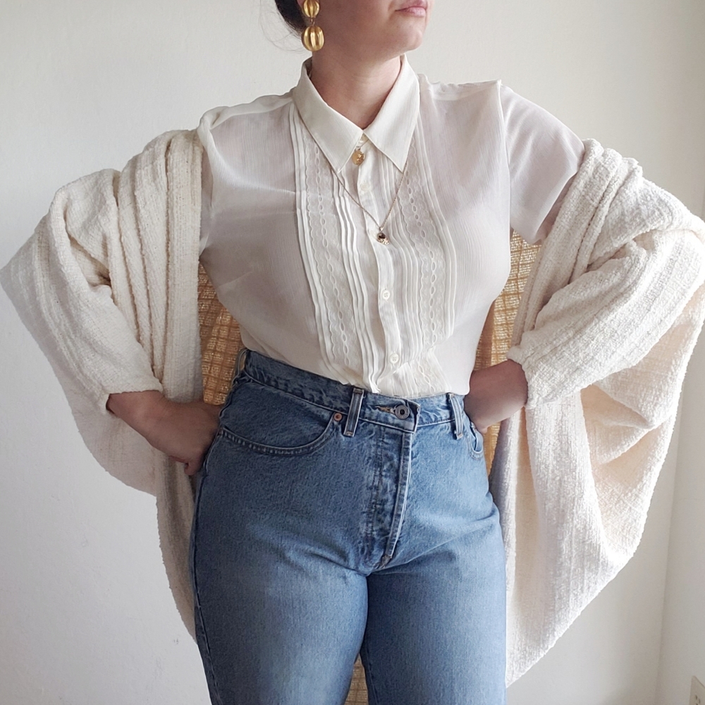 Vintage Gauzy Sheer Cream Blouse 90's Button Down - Picture 5 of 12